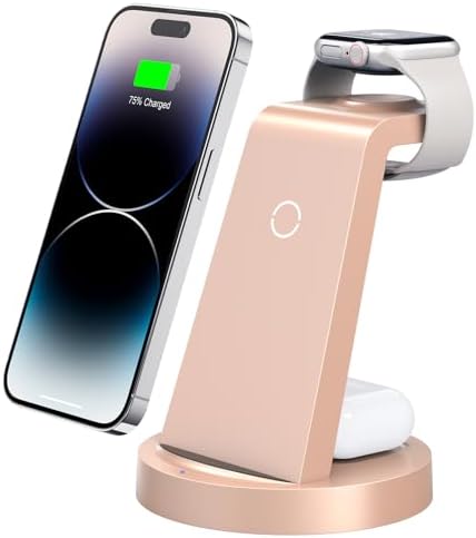 Sleek 3-in-1 Wireless Charging Station for i Phone & Apple Watch – Fast Charging Dock for Air Pods 11-16, Pro Max Models – Stylish Rose Finish & Space-Saving Design for Efficient Device Organization