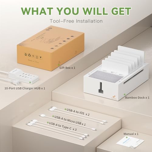 Pezin & Hulin Eco-Friendly Bamboo Charging Station – 10-Port USB Dock Organizer with 6 Cables, Enhanced Power Supply & Cable Management for Multi-Device Charging, Sleek Natural and Black Design for Homes and Offices