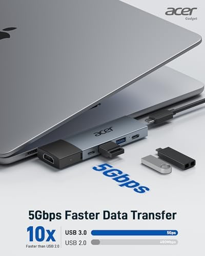 Acer USB C Hub for Mac Book Pro/Air M1 M2 M3 – Ultimate 6-in-2 Detachable Adapter with 4 K@60 Hz HDMI, Dual USB-A & USB-C 3.0 Ports, and 100 W PD Charging for Unmatched Multi-Device Connectivity and Enhanced Productivity Solutions