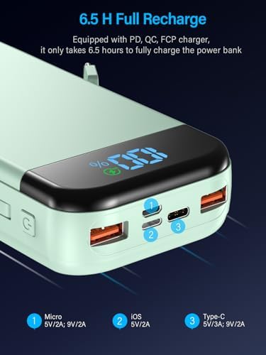 High-Capacity 32000 m Ah Portable Charger with Built-in Cables, Fast Charging Technology (22.5 W QC 3.0 & 20 W PD), Smart LED Display for Multi-Device Power Management – Sleek Blue External Battery Pack for Professionals and Travelers