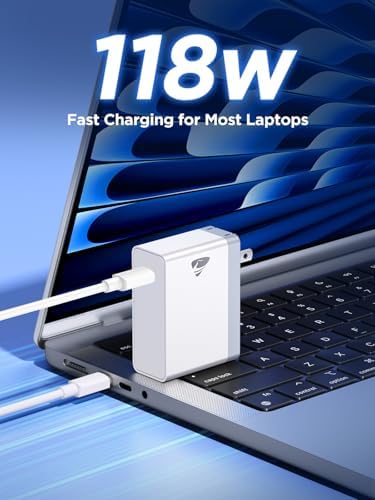 High-Efficiency 118 W USB-C Charger for Mac Book Pro & Air – Ultra-Fast Power Adapter with 6.6 ft Cable for Rapid Charging – Dynamic Battery Health Protection & Universal Compatibility for i Pad Pro, Galaxy Devices, Dell, Lenovo, and More