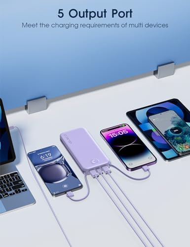 Ultra-Fast Charging Portable Power Bank with Built-In Cable and AC Plug – 12,000 m Ah USB C Travel Charger for i Phone and Android Devices – Lightweight, Compact Design for On-the-Go Power Solutions
