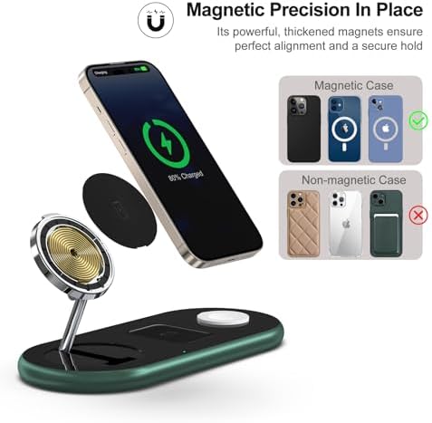 Sleek 3-in-1 Magnetic Charging Station for Apple Devices – Fast Mag-Safe Wireless Charger Stand for i Phone 16/15/14/13/12, Apple Watch, and Air Pods – Elegant Golden Design with Enhanced Compatibility and Safety Features