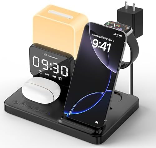 Ultimate 6-in-1 Wireless Charging Dock: Qi Certified Fast Charger for i Phone, Samsung, Air Pods, and Apple Watch with Digital Alarm Clock and Adjustable Night Light – 15 W Power Station with 20 W Adapter Included – Ideal for Streamlined Charging Solutions and Cable Management