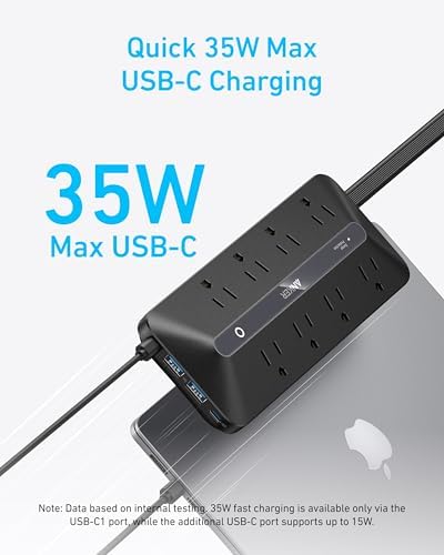 Anker 12-in-1 Flat Plug Power Strip – Ultimate USB-C Charging Station with 8 AC Outlets, 2 USB-C, 2 USB-A Ports, 5 ft Extension Cord, Slim Design for Home & Office, 900 J Surge Protection, Fast 35 W Output for Enhanced Device Safety and Efficiency