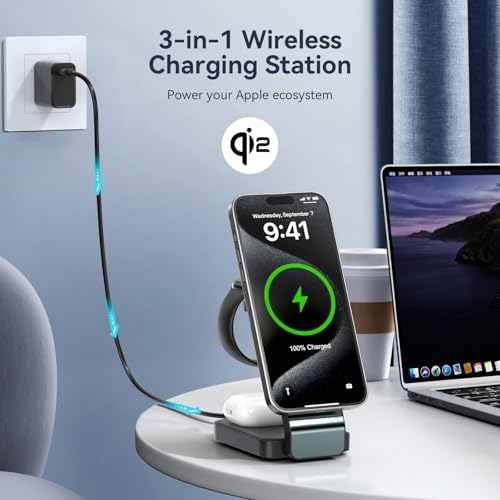 Ultimate 3-in-1 Wireless Charging Station for Apple Devices – Qi2 Certified 15 W Magnetic Fast Charger for i Phone 16/15/15 Pro/14/13/12, Apple Watch & Air Pods – Portable, Foldable Design for Efficient Charging and Minimal Clutter