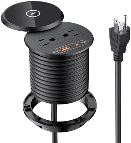 Recessed 20 W USB-C Power Grommet with 15 W Wireless Charger – Sleek Desk Power Strip Featuring 2 AC Outlets, 18 W USB-A Port, and 6 FT Cord for Ultimate Convenience in Home and Office Environments – Ideal for Efficient Charging and Enhanced Productivity