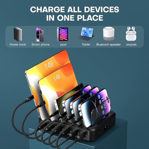 65 W 6-Port USB C Fast Charging Station – Ultimate Multi-Device Charger with 6 Mixed Cables for i Phone, i Pad, Android & More – Streamlined Power Hub for Home & Office with Safety Features and Space-Saving Design