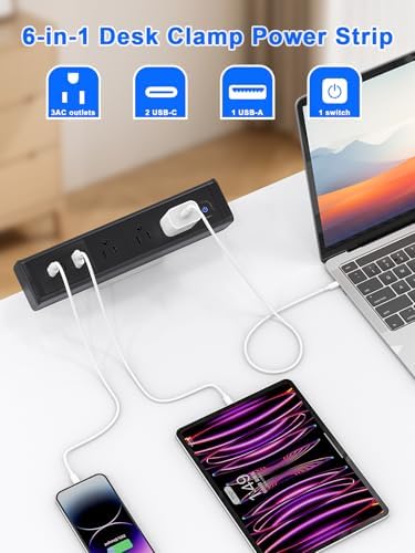 Ultimate Nightstand Charging Station with 4 Ultra-Fast USB-C Ports & 2 QC 3.0 USB-A Ports, 3 AC Outlets – Desk Edge Mount Power Strip with Advanced Surge Protection for Home Office & Bedroom (Sleek Black Finish) – Elevate Your Charging Efficiency and Style
