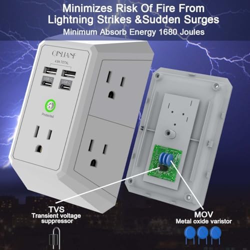 QINLIANF 5-Outlet USB Wall Charger with Surge Protection – 4 USB Ports (4.8 A Total) Power Strip Extender, 3-Sided Design for Easy Access, 1680 J Surge Defense, Compact Multi-Plug Adapter for Home, Travel, and Office Use – Elevate Your Charging Experience with Versatile Compatibility and Safety