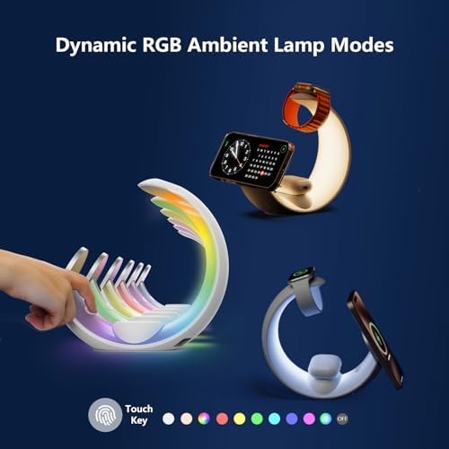 Ultimate 3-in-1 Magnetic Wireless Charging Station for Apple Devices – Fast Charge Your i Phone 16/15/14/13/12/11, Apple Watch Series & Air Pods 4 with RGB Night Light – Enhanced Safety & Intelligent Charging Technology – Artful Design for Home and Office Aesthetics