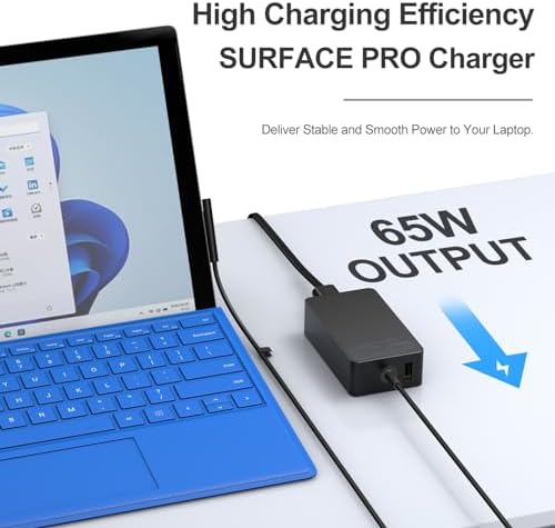 65 W Microsoft Surface Pro Charger with USB Port – Fast Charging for Surface Laptop 1-9, Surface Go, Surface Book | 10 FT Cable for Ultimate Flexibility and Enhanced Compatibility | Reliable Power Supply for All Your Surface Devices