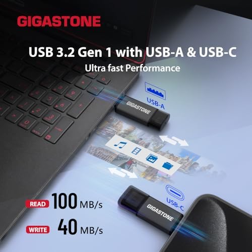 GIGASTONE 16 GB Dual Flash Drive Pack – Ultra-Fast 2-in-1 USB 3.2 Gen 1 with Type-A & Type-C Connectors for Seamless Data Transfer Across Smartphones, PCs, Macs, and More – Plug & Play Design with 100 MB/s Speed and Compact Cap for Easy Portability – Perfect for Students and Professionals