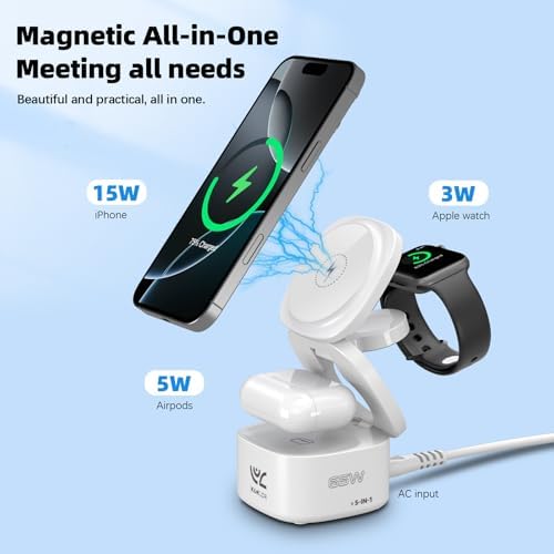 Ultimate 5-in-1 Foldable Wireless Charging Station – PD Fast Travel Charger for i Phone, Apple Watch, Air Pods & Laptops – Streamlined Compatibility & Enhanced Portability for Tech Enthusiasts and Frequent Travelers – Safeguarded Fast Charging Dock for Clutter-Free Convenience