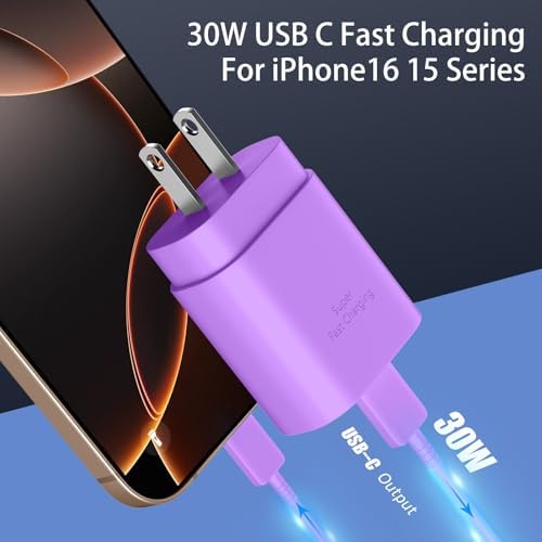 30 W Ultra-Fast USB C Wall Charger with 10 FT Cable in Stylish Purple Gradient | Rapid Charging Solution for Phone 15 Series & S24 Ultra Plus | Compact & Versatile Power Adapter for Modern Devices