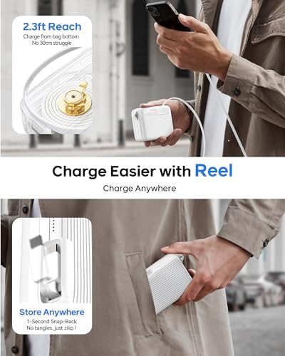 Compact 10,000 m Ah USB-C Power Bank with Retractable Cable – Fast Charging Dual Output Battery Pack for Android Devices, TSA-Compliant Travel Charger with Built-In Safety Features and Convenient Carry Loop for On-the-Go Power