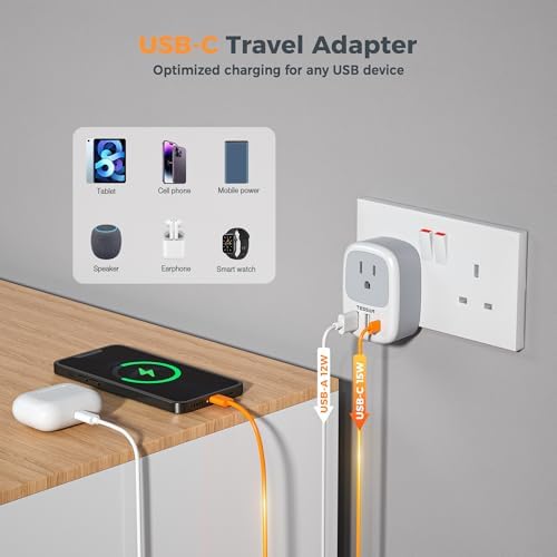 TESSAN Universal Type G UK Travel Adapter with 3 USB Ports & USB-C Charger – Effortless US to UK Plug Conversion for Global Travelers to England, Ireland, Qatar, Hong Kong, Dubai, and More – Compact Power Solution for Fast and Safe Device Charging
