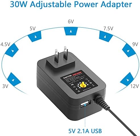 Versatile 30 W SHNITPWR Adjustable AC/DC Power Adapter with USB Output – Multi-Tip Power Supply for Universal Device Compatibility, Featuring 14 Interchangeable Tips and 3 V-12 V Voltage Range for Efficient Charging and Enhanced Device Longevity