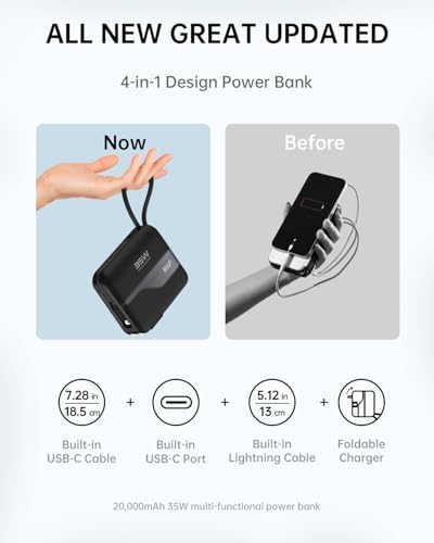 W&P Ultimate Travel Power Bank: 20,000 m Ah Portable Charger with Built-in Cables & AC Plug for 35 W Fast Charging – Ideal for i Phone 16/15/14/13/12 Pro, i Pad, Mac Book Air & Samsung Devices, Your Essential On-the-Go Power Solution
