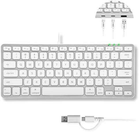 Elevate Your Workspace with the Macally Compact Keyboard for Mac – Sleek 78-Key Wired Design with USB Hub (3 Ports) for Ultimate Versatility – Perfect Apple-Compatible Accessory in Stylish Silver Finish for Enhanced Productivity and Seamless Connectivity