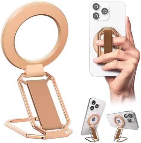Magnetic Phone Grip Stand for Mag Safe – Elegant Rose Gold 4-in-1 Kickstand with Secure Finger Strap Loop & Removable Ring Holder for i Phone 16 Pro Max, 15, 14, 13, 12 – Ultimate Hands-Free Viewing & Enhanced Stability for Home, Work, Travel
