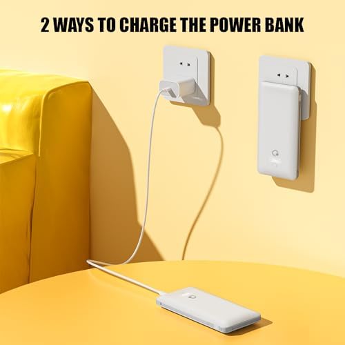 Ultimate Brand Q 10000 m Ah Portable Charger with Built-in Cables and AC Wall Plug – Fast Charging Power Bank with USB-C, Triple Output Ports for i Phone, Tablet & All Smartphones – Perfect Travel Companion for On-the-Go Charging