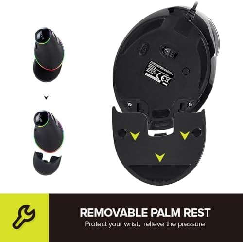 De LUX RGB Wired Ergonomic Vertical Mouse for Large Hands – 4000 DPI Precision Tracking, 6 Customizable Buttons, and Detachable Wrist Rest for Ultimate Comfort and Carpal Tunnel Relief – Perfect for Prolonged Use and Gaming Performance