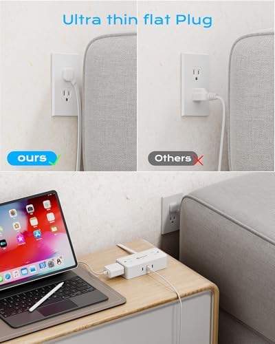 Kakyanill Compact Surge Protector Power Strip with 4 AC Outlets and Dual USB-C Ports – 5 ft Flat Extension Cord for Space-Saving Convenience and 900 Joules Protection – Ideal for Home, Office, and Dorm Room Use – Sleek White Design for Modern Living