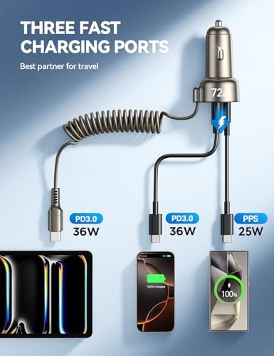 Ultimate 72 W USB-C Car Charger for i Phone 16/15 – Rapid 36 W Super Fast Charging Coiled Cable Included, Multi-Device Compatibility for Samsung S24/S23/S22, Pixel, and i Pad Pro – Compact Design for On-the-Go Power Solutions