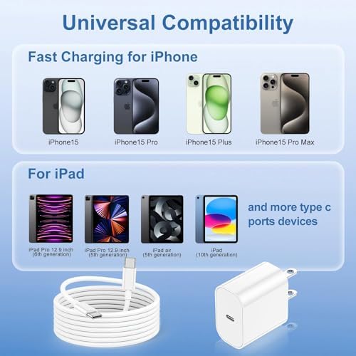 Maximize Your Charging Efficiency with the 20 W USB-C Power Adapter and 10 ft Type C Cable – The Ultimate Fast Charging Solution for i Phone 16, 15 Pro Max, and i Pad Featuring Advanced Safety Mechanisms for Secure On-the-Go Power Management and Unrivaled Compatibility