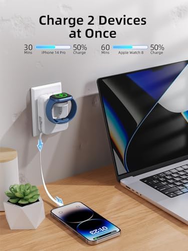 Compact 2-in-1 Apple Watch and i Phone Charger Block with Retractable Cable – Travel-Friendly Wall Adapter for Enhanced Efficiency and Compatibility – Fast Charging Power Solution in Sleek Black Design