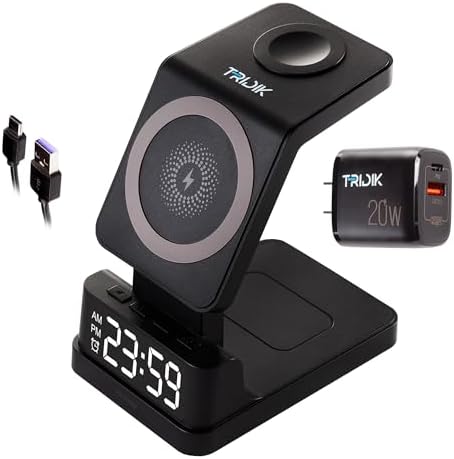 TRIDIK 4-in-1 Wireless Charging Station with Digital Clock & Alarm – 15 W Fast Charger for i Phone, Apple Watch & Air Pods – Includes 20 W Adapter – Ultimate Dock for Enhanced Compatibility & Sleek Design