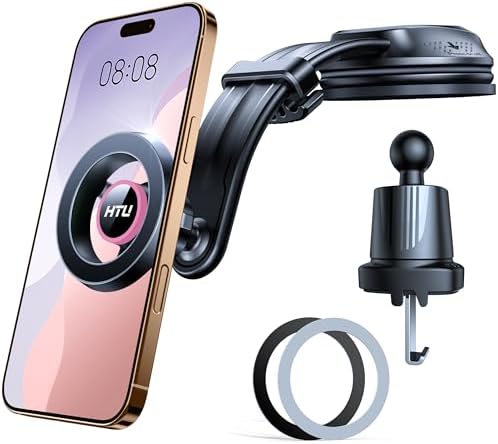 HTU 2025 Mag Safe Car Mount – Advanced 5-in-1 Magnetic Phone Holder for i Phone with Robust Suction Power and Customizable Bendable Design for Dashboard, Windshield, and Vent – Elegant Light Rose Finish, Safety Certified for Ultimate Reliability