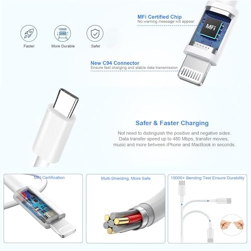 10-Foot Ultra-Fast i Phone Charging Cable 3-Pack with USB-C PD Wall Charger – Exceptional Compatibility for i Phone 14/13/12/11 Pro Max/XS Series – Durable Lightning Cable Solution for On-the-Go Charging Convenience and Rapid Power Delivery