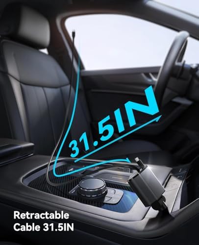 Versatile Retractable Car Charger – 4 in 1 Fast Charging Solution with Dual Type C Cables and 2 USB Ports for i Phone 15/14/13/12/11 Pro Max, Galaxy, Google Pixel – Tangle-Free Convenience & Enhanced Speed for Modern Drivers