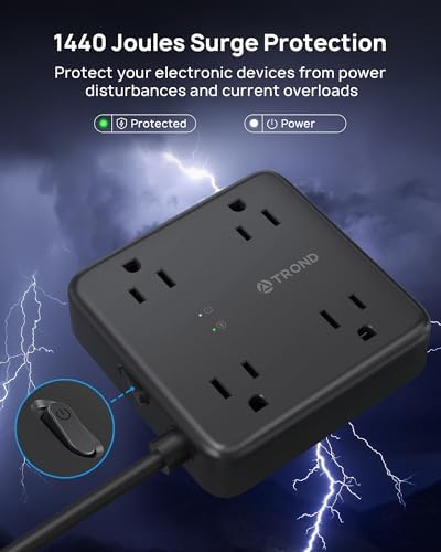TROND Smart Surge Protector Power Strip with USB Ports – 5 ft Flat Plug Extension Cord for Home, Office & Dorm Room – 1440 Joules Surge Protection & Wall Mount Design for Space-Saving Power Management – Versatile Multi-Outlets Charging Station in White