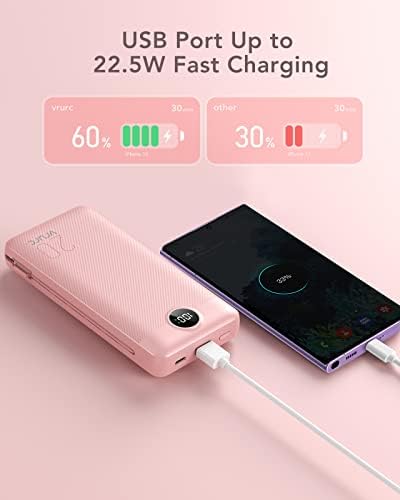 VRURC 20000 m Ah Pink Portable Charger – Fast Charging Power Bank with Built-in Wall Plug & Cables, LED Display, 4 Outputs & Dual Inputs for Effortless Travel Charging Solutions, Ideal for Busy Lifestyles and Enhanced Device Compatibility