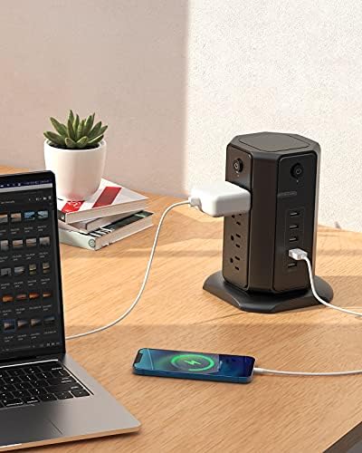 10 ft NTONPOWER Power Strip Tower with 8 Outlets & 5 USB Ports – Premium Surge Protector with Individual Switches, 1080 Joules Protection, 13 A Circuit Breaker – Ideal for Home Office & Entertainment Setup, Sleek Black Design for Ultimate Convenience