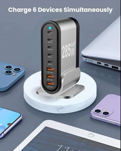 285 W USB-C Fast Charging Hub – 8-Port Multi-Device Power Adapter for Laptops, Tablets & Smartphones – Ultimate Solution for Mac Book Pro/Air, DELL, i Pad Pro/Air, i Phone 16/15/14, Galaxy S23/22 – Compact Design with Advanced Safety Features for Optimal Performance and Efficiency