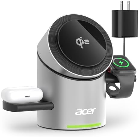 Acer Qi2 15 W 3-in-1 Wireless Charging Station for Apple Devices – Fast Magnetic Charger for i Phone 16, 15, 14, 13, 12, Apple Watch & Air Pods – Enhanced Stability & Smart Power Distribution, Compact Design for Home & Travel