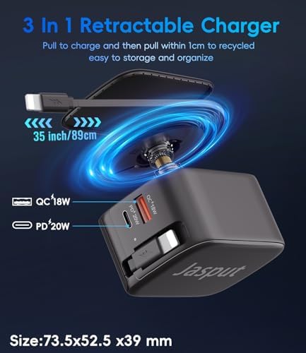 40 W Retractable Dual USB Fast Charger Hub: 3-in-1 Compact Charging Solution for i Phone 16/15, Galaxy S23/S22, LG & Pixel – Travel-Ready Power Adapter with Quick Charge Functionality and Universal Device Compatibility