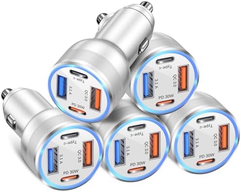Bangfun 65 W USB C Car Charger 5 Pack – 4-Port Dual QC+PD 3.0 Fast Charging Adapter for i Phone, i Pad, and Samsung Devices – Sleek Silver Design for Enhanced Compatibility and Efficiency on the Go