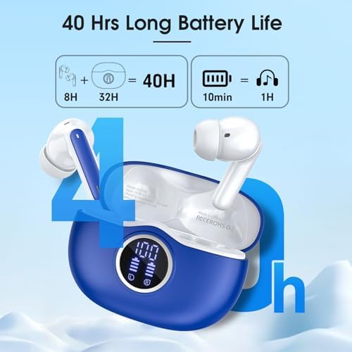 Unleash Superior Audio Performance with Sea Blue Wireless Earbuds – Featuring Bluetooth 5.3 for Rapid Connection, 40-Hour Endurance, Deep Bass Enhancement, and Noise Cancelling Technology – IP7 Waterproof for All-Weather Use with i Phone & Android Compatibility