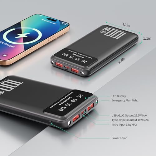 26800 m Ah Ultra-Fast Portable Power Bank – Slim External Battery Pack with LCD Display, 3-output & 2-input Charging Compatibility for All Smartphones – 22.5 W Max USB & 18 W USB-C Dual Functionality, Ideal for Travel Safety Certified for Peace of Mind