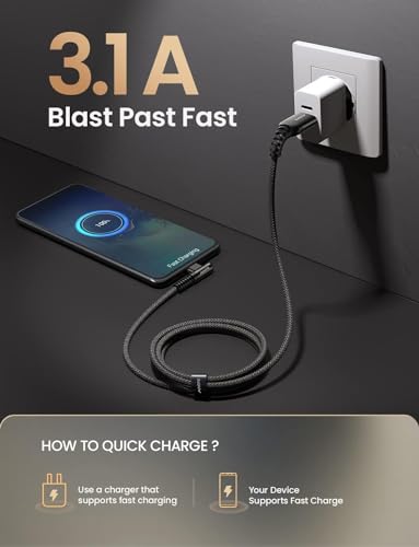 AINOPE Right Angle USB C Cable – 2-Pack (10 ft + 10 ft) Fast Charging 3.1 A Nylon Braided Charger for Enhanced Device Compatibility, Ideal for Gaming and Multitasking, Durable Black Design