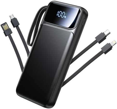Ultra-Slim 10000 m Ah Power Bank with Built-In Cable – 22.5 W Fast Charging Portable Charger for i Phone, Samsung, Pixel & More – 6 Outputs, 3 Inputs, LED Battery Indicator – Essential Travel Companion for Busy Lifestyles