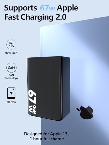 67 W Ga N USB-C Fast Charger Block – 3-Port Portable Wall Charger for Mac Book Pro, i Phone 16, Galaxy S24 & More – Compact, Foldable Design with Included Data Cable for Ultimate Compatibility & Speed