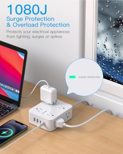 HANYCONY 15 Ft Extension Cord Power Strip with 8 AC Outlets & 4 USB Ports (2 USB-C) – 1080 J Surge Protector for Enhanced Safety, Wall Mountable Desk Charging Station for Home Office & College Dorm Essentials