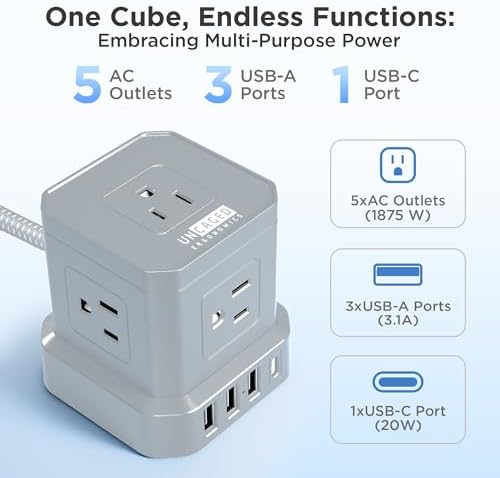 Uncaged Ergonomics Cube Power Strip with 10 ft Extension Cord – Surge Protected Charging Station Featuring 5 AC Outlets, 3 USB Charging Ports (1 USB-C Fast Charger) and On/Off Switch for Ultimate Convenience and Safety