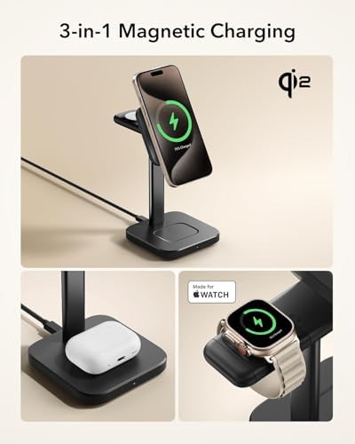 ESR Qi2 3-in-1 Wireless Charging Station – Fast 15 W Mag Safe Charger for i Phone 16/15/14/13, Certified Apple Watch & Air Pods Charger, Sleek White Design for Home or Office – Ultimate Multi-Device Charging Solution with Enhanced Compatibility and Speed